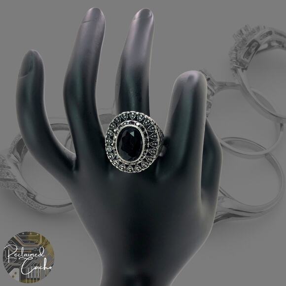 Silver and Black Rhinestone Statement Ring - Size 10 - Picture 1 of 7